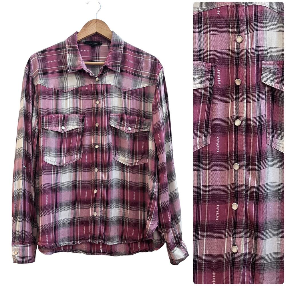 Jane & Delancey Plaid Roll Tab Sleeves Pearlescent Button Up Blouse Size Medium